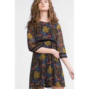 Zara Floral Empire-Waist Half-Sleeve Chiffon Velvet Dress Open Back Cut-Out Mini